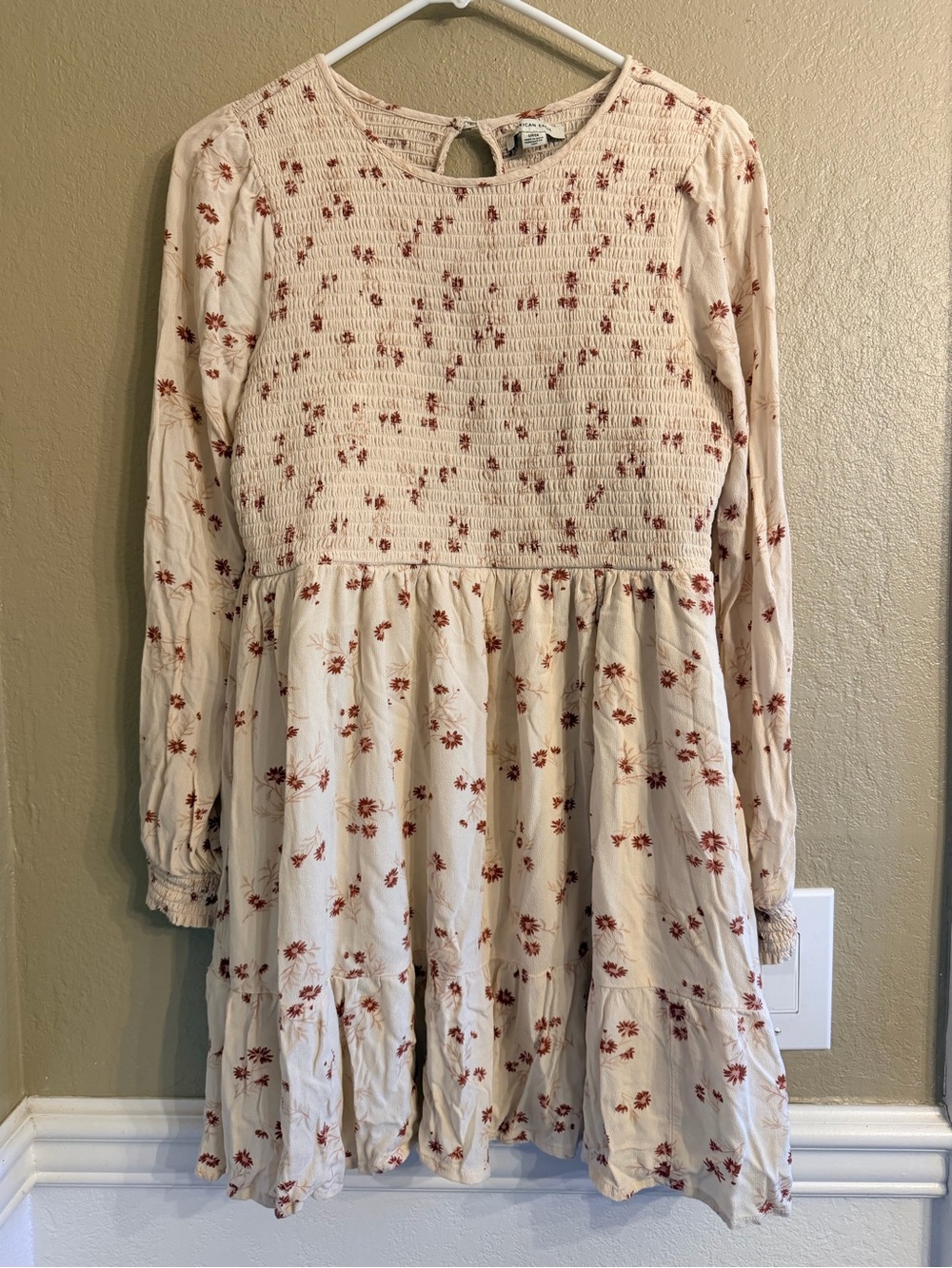 American Eagle Cream Long-Sleeve Floral Smocked mini Dress